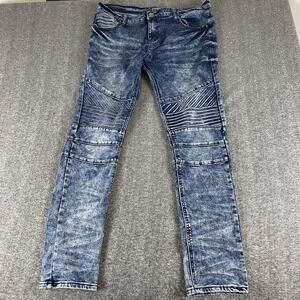 BLACK Mens Skinny Flex Jeans 34x32 Blue Acid Wash Biker Moto